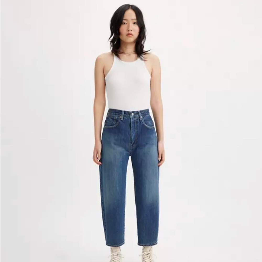 Levi’s Made in Japan medium wash barrel jeans.
